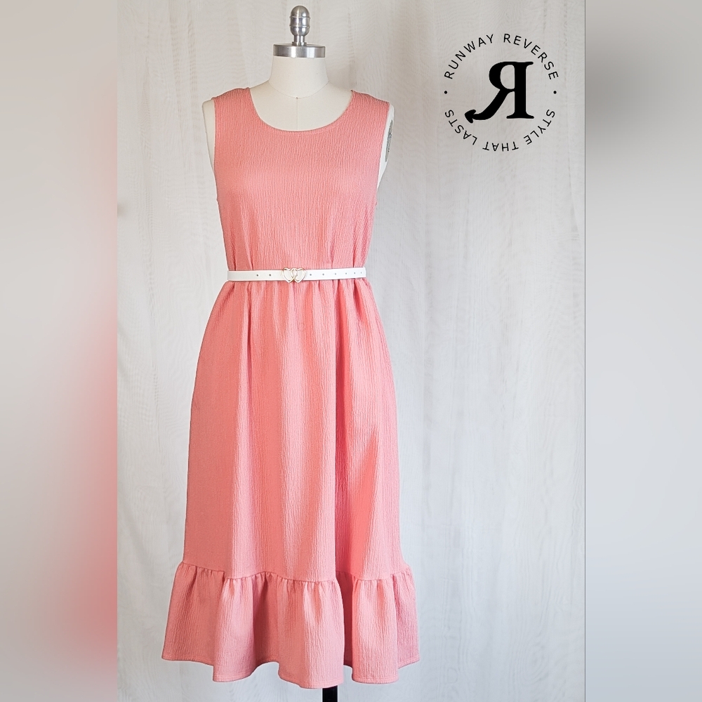 Coral Pink Sleeveless Midi Dress With Ruffle And Pockets